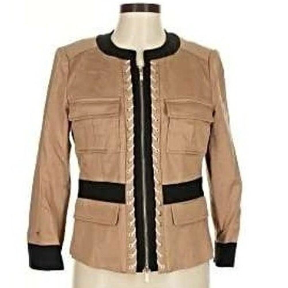 Etcetera Military Jacket Tan Black Full Zip Lace Up Stitching Blazer Size 12